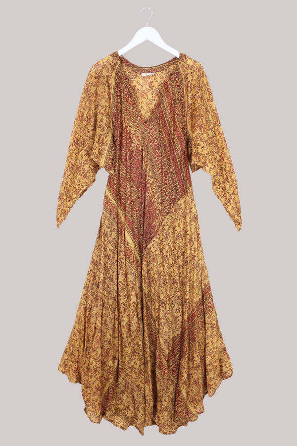 Goddess Pure Silk Dress - Crimson & Gold Wildflowers - Size L/XL