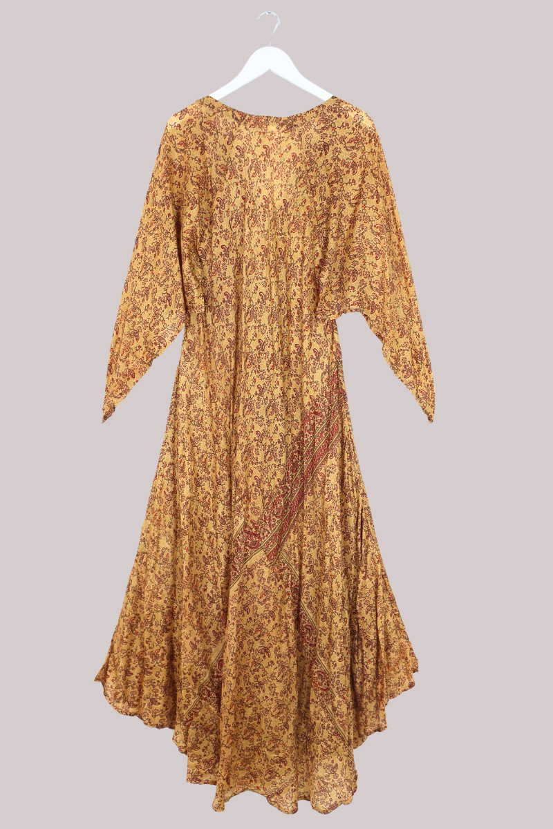 Goddess Pure Silk Dress - Crimson & Gold Wildflowers - Size L/XL
