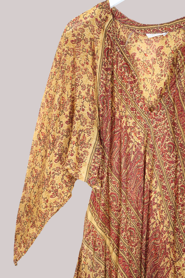Goddess Pure Silk Dress - Crimson & Gold Wildflowers - Size L/XL