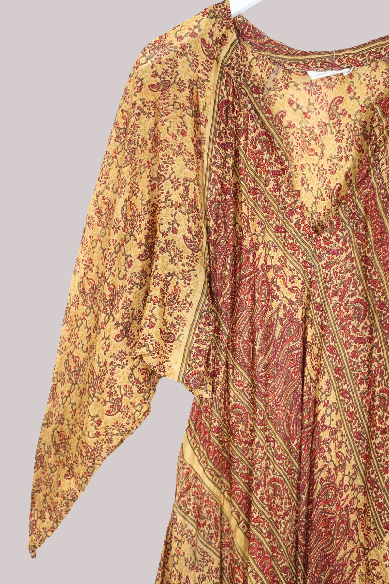 Goddess Pure Silk Dress - Crimson & Gold Wildflowers - Size L/XL