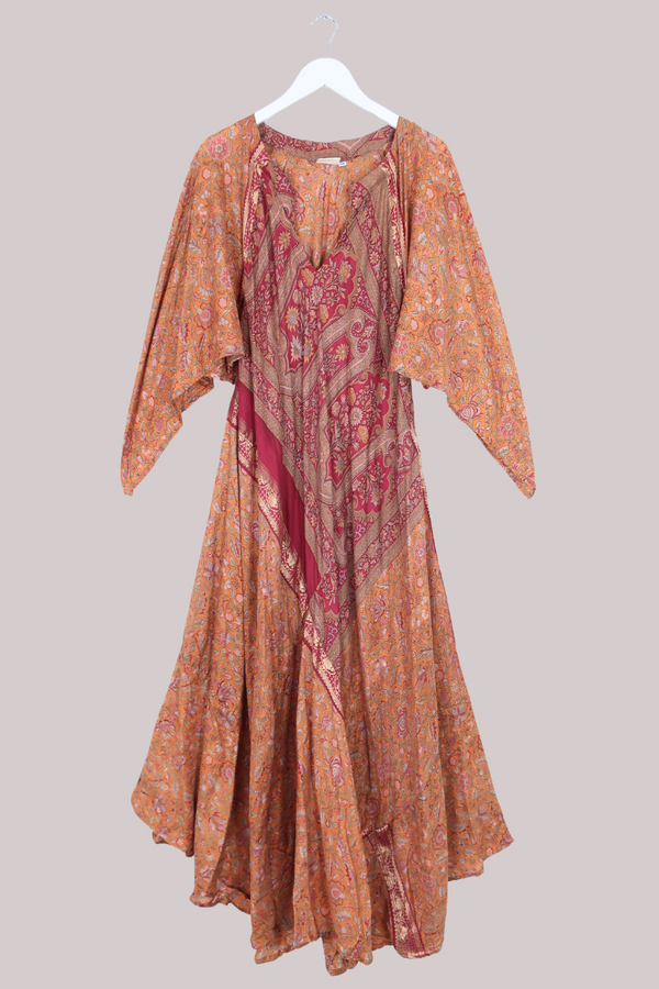 Goddess Pure Silk Dress - Copper & Ruby Print - Size M/L