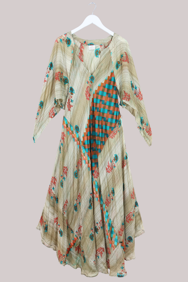 Goddess Pure Silk Dress - Oat Abstract Flowers - Size M/L