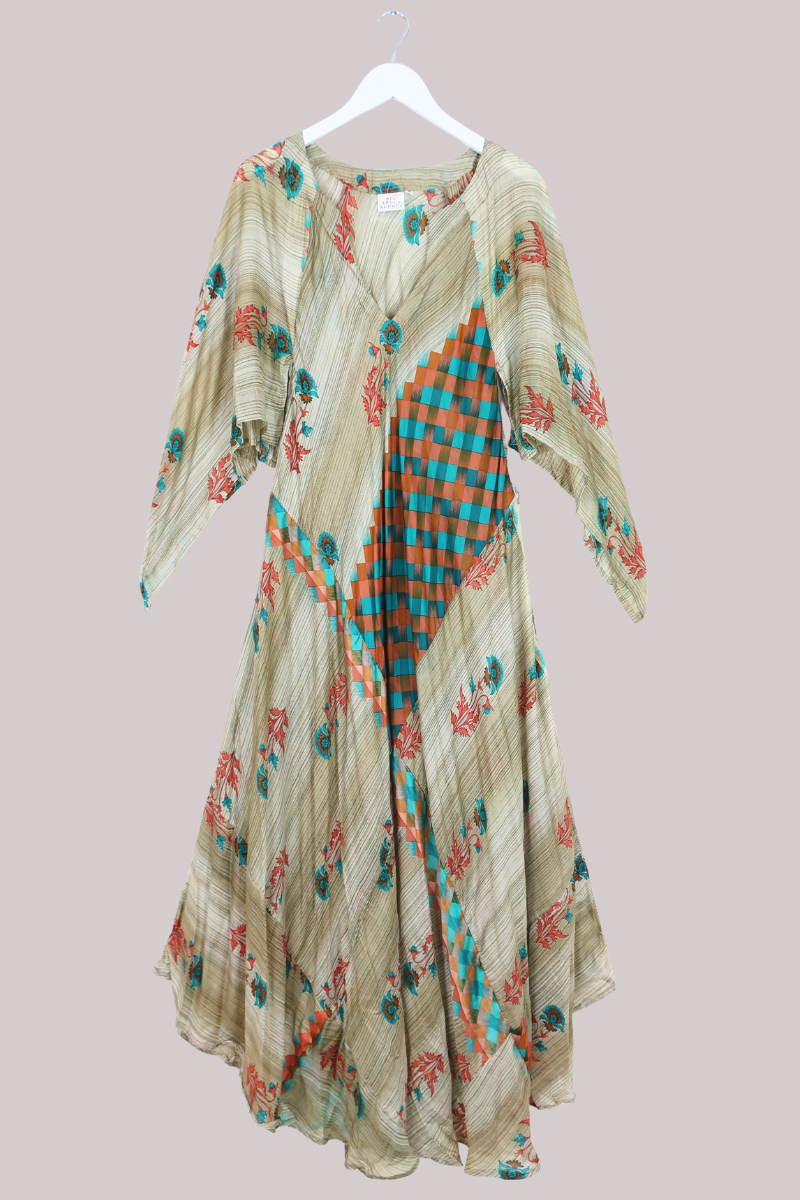 Goddess Pure Silk Dress - Oat Abstract Flowers - Size M/L