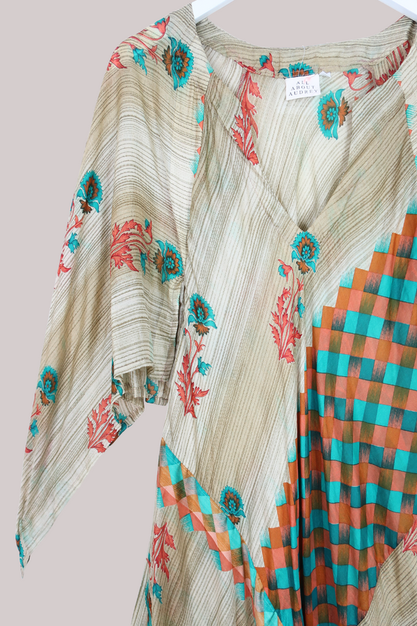 Goddess Pure Silk Dress - Oat Abstract Flowers - Size M/L