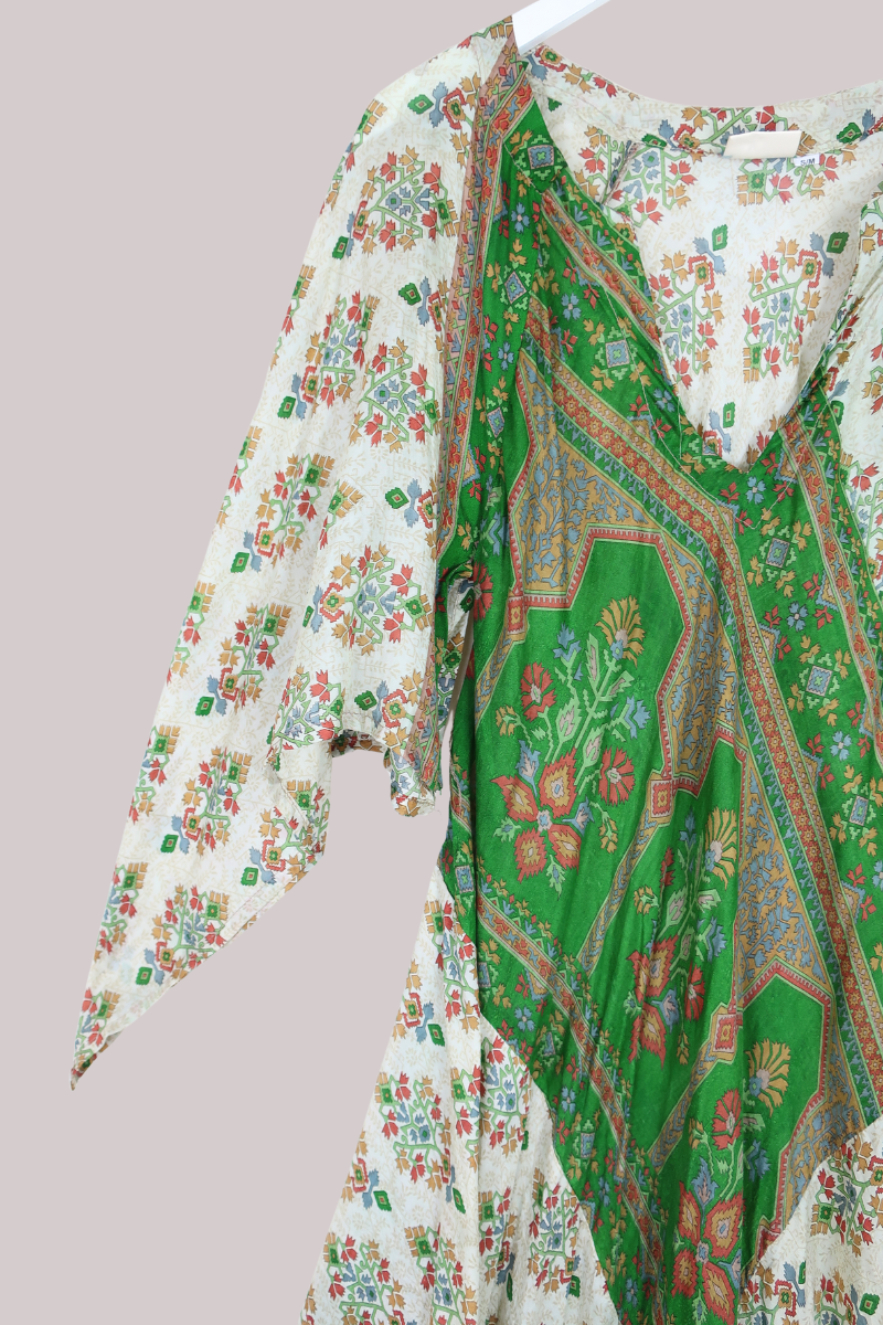 Goddess Pure Silk Dress - Grassy Fields - Size L