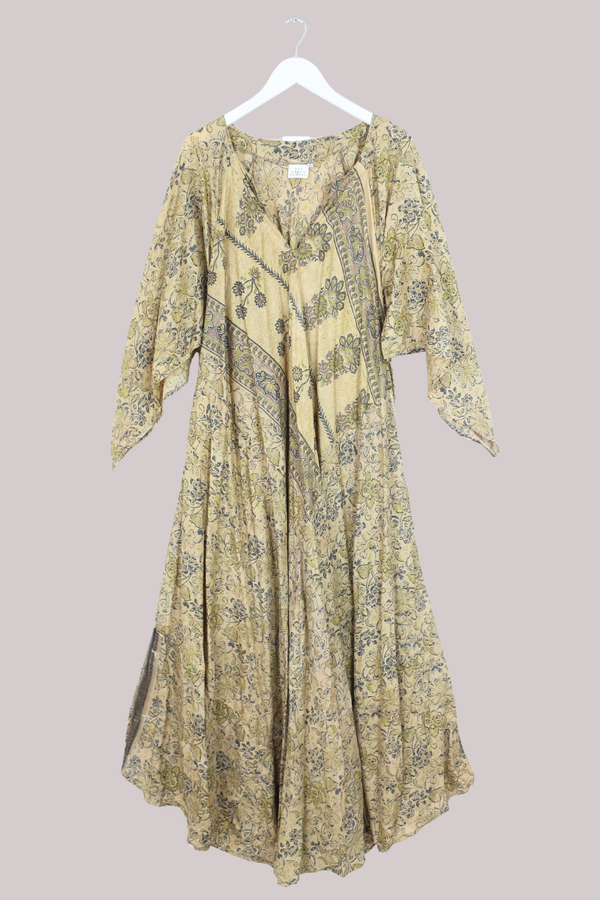 Goddess Pure Silk Dress - Faded Gold Florals - Size L
