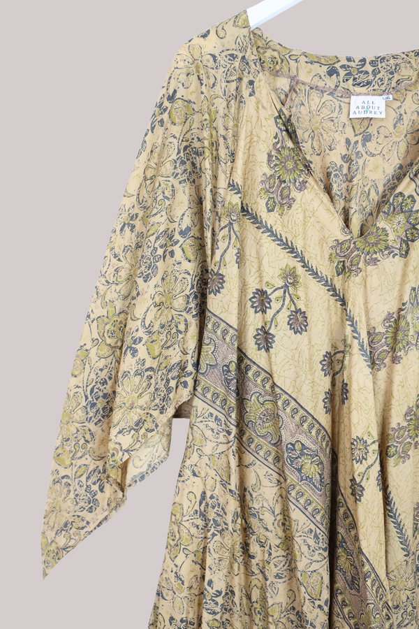 Goddess Pure Silk Dress - Faded Gold Florals - Size L