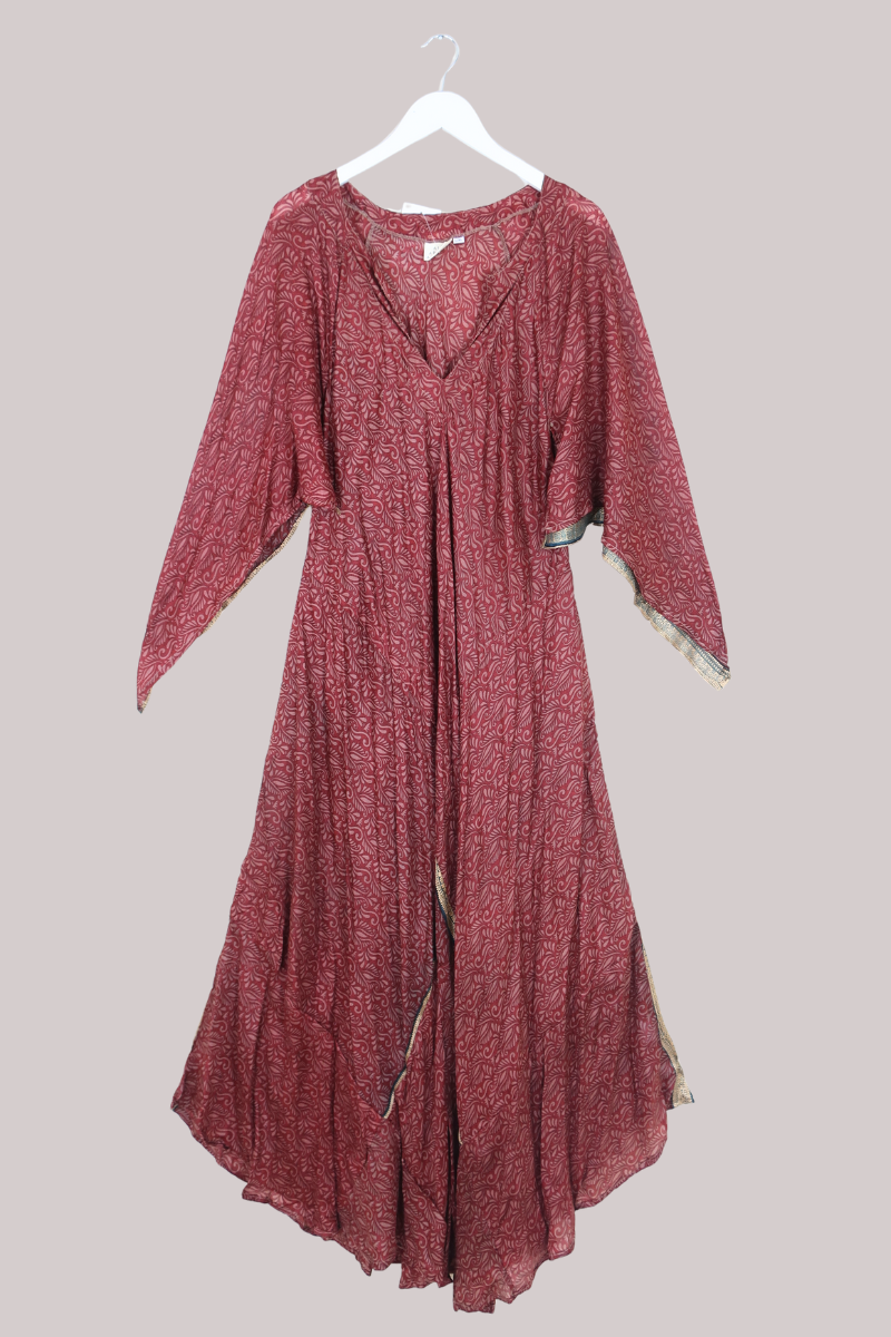 Goddess Pure Silk Dress - Garnet Red Floral Paisley - Size L/XL