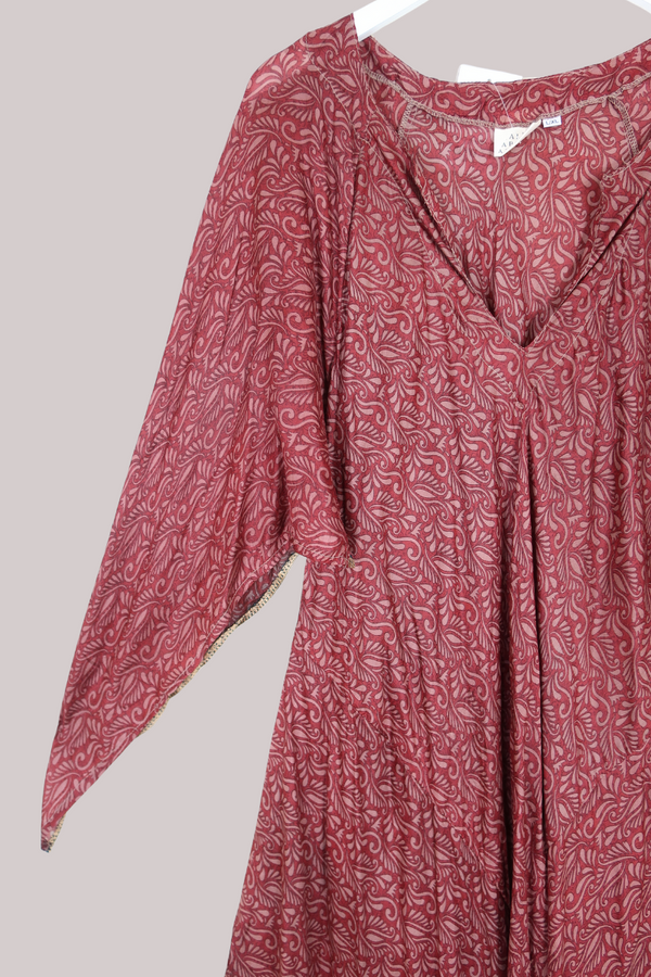 Goddess Pure Silk Dress - Garnet Red Floral Paisley - Size L/XL
