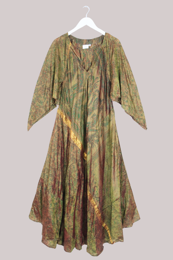 Goddess Pure Silk Dress - Iridescent Gold Paisley - Size S