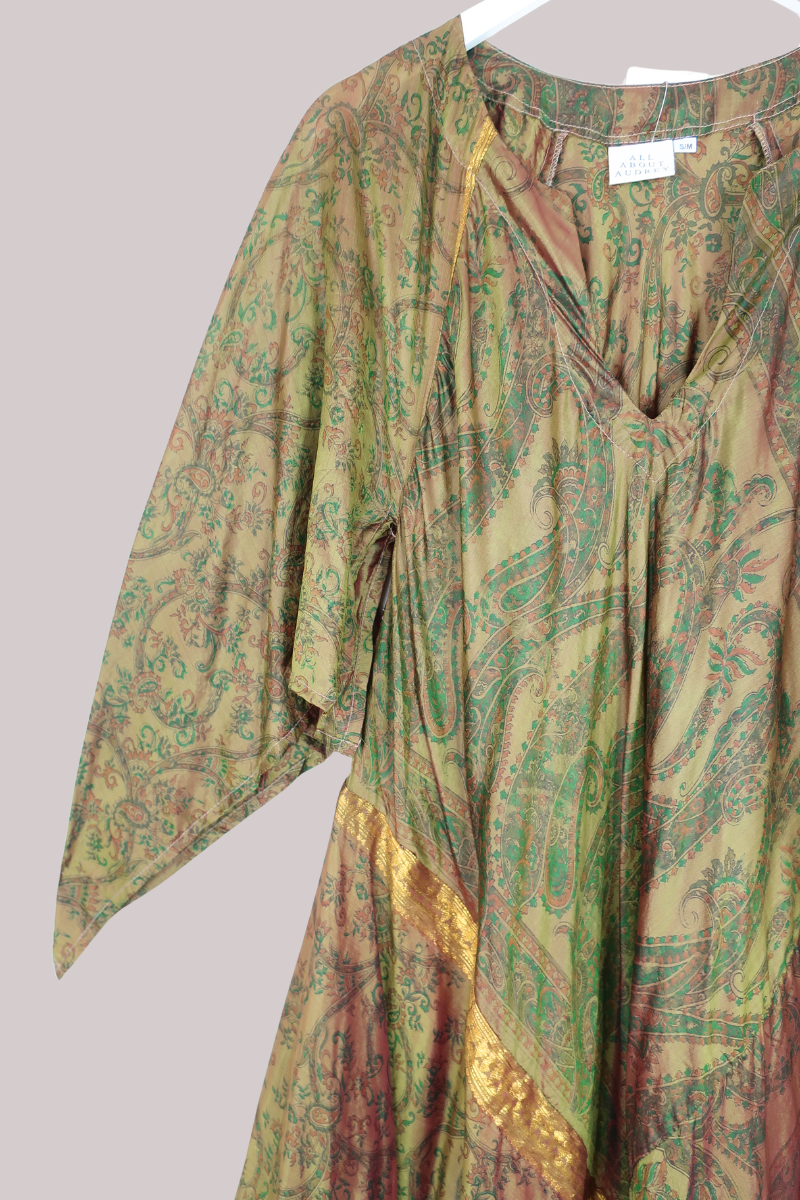 Goddess Pure Silk Dress - Iridescent Gold Paisley - Size S