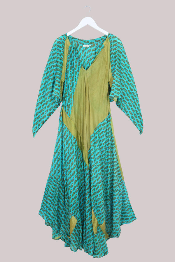 Goddess Pure Silk Dress - Turquoise & Brass Floral - Size L