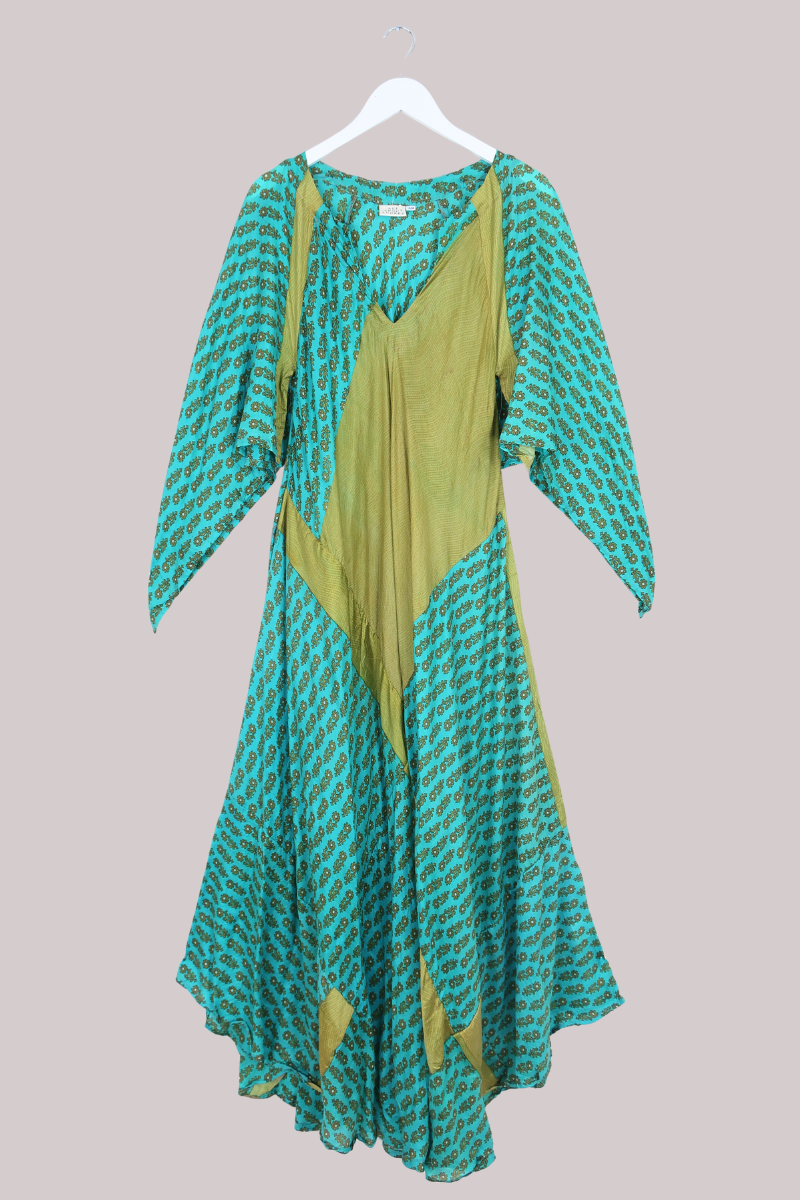 Goddess Pure Silk Dress - Turquoise & Brass Floral - Size L