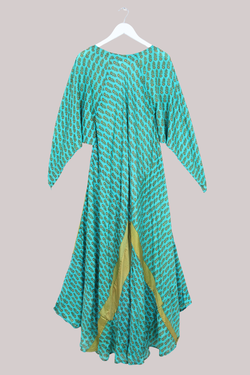 Goddess Pure Silk Dress - Turquoise & Brass Floral - Size L