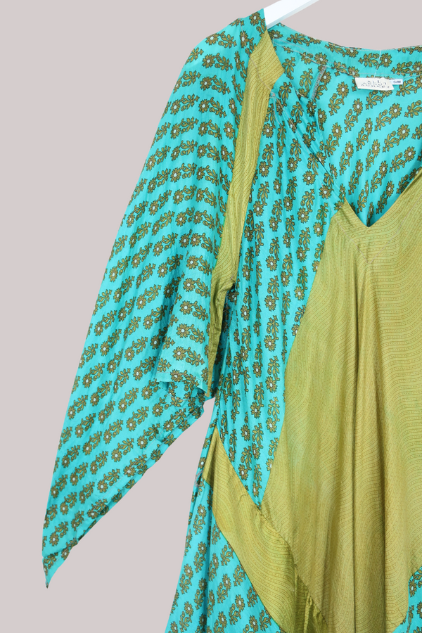 Goddess Pure Silk Dress - Turquoise & Brass Floral - Size L