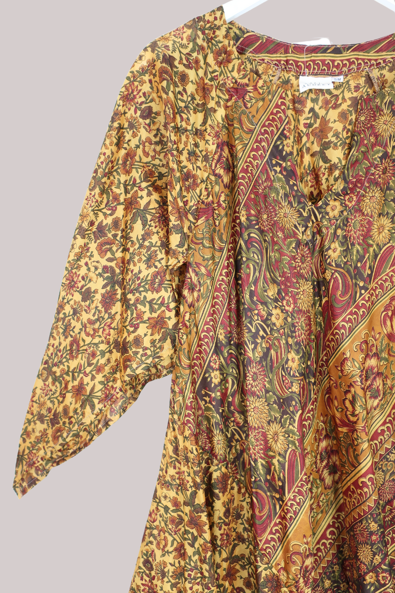 Goddess Pure Silk Dress - Burnished Gold Antique Floral - Size S/M