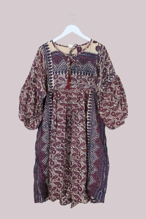 Daisy Vintage Cotton Midi Dress - Plum & Mauve Block Print - Size M/L