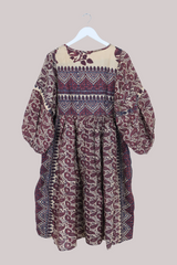 Daisy Vintage Cotton Midi Dress - Plum & Mauve Block Print - Size M/L