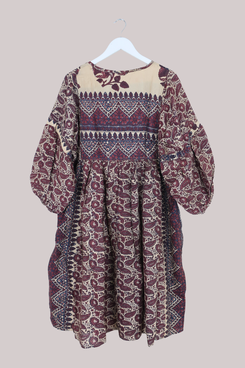 Daisy Vintage Cotton Midi Dress - Plum & Mauve Block Print - Size M/L