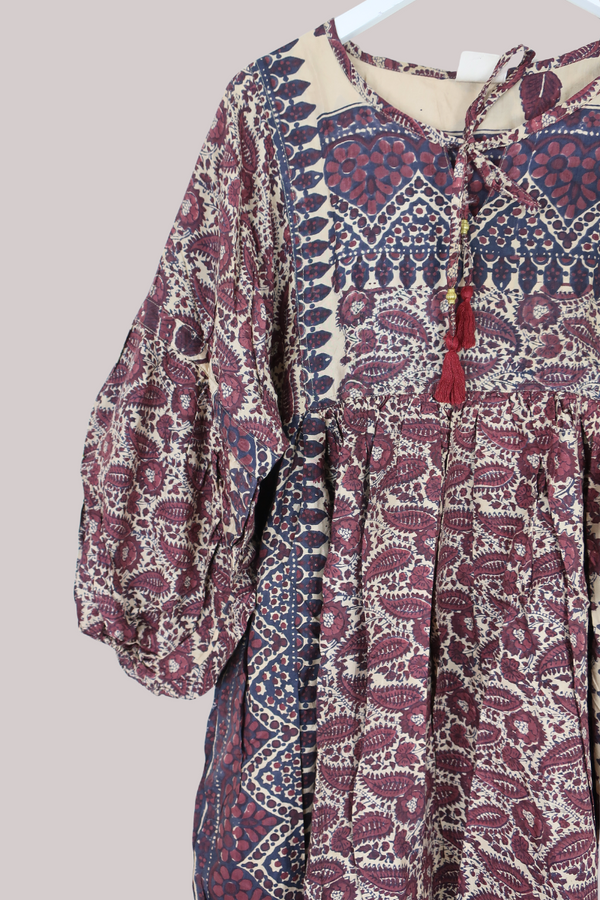 Daisy Vintage Cotton Midi Dress - Plum & Mauve Block Print - Size M/L