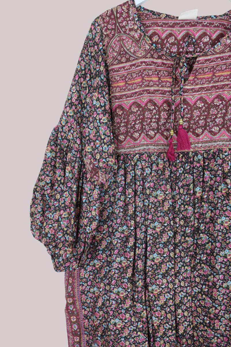 Daisy Vintage Cotton Midi Dress - Enchanted Forest Green & Cherry - Size XXL