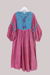 Daisy Vintage Cotton Maxi Dress - Cerise & Sky Meadow - Size XS