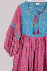 Daisy Vintage Cotton Maxi Dress - Cerise & Sky Meadow - Size XS