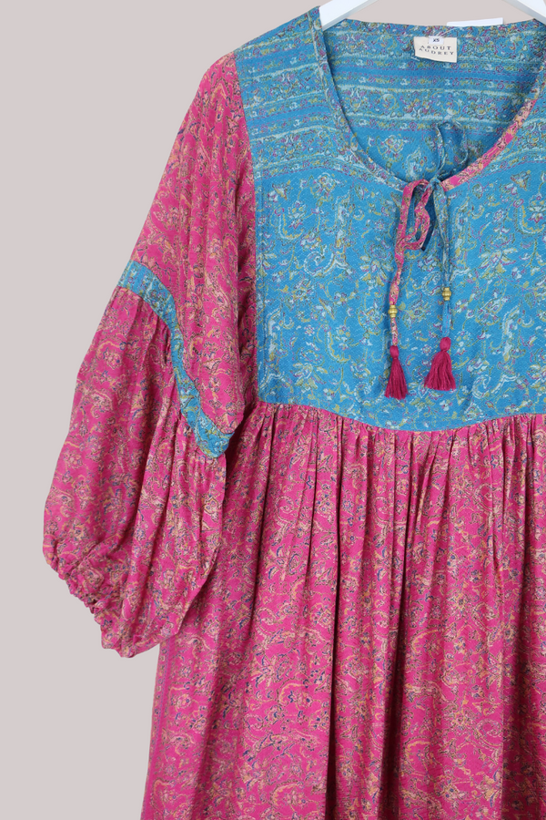 Daisy Vintage Cotton Maxi Dress - Cerise & Sky Meadow - Size XS