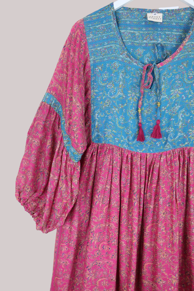 Daisy Vintage Cotton Maxi Dress - Cerise & Sky Meadow - Size XS