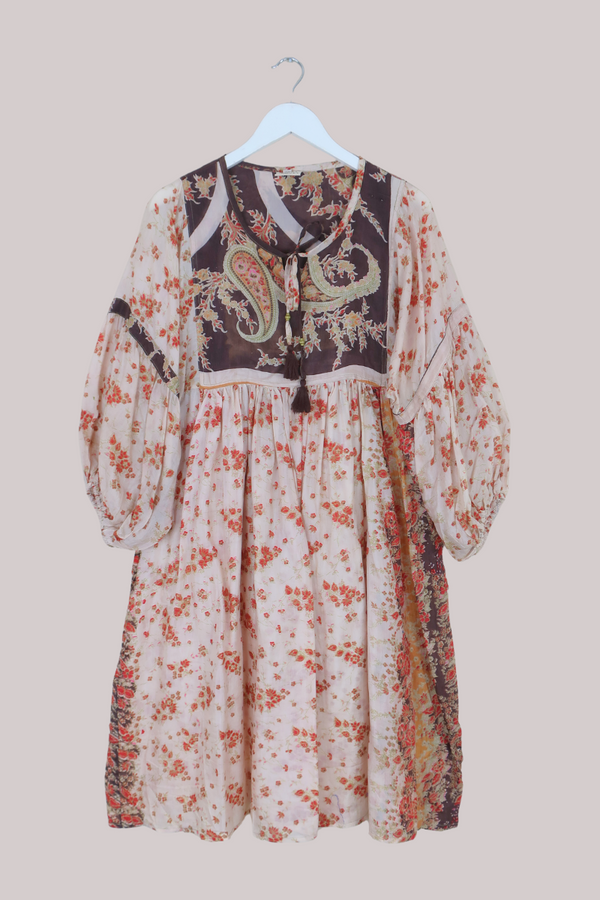 Daisy Vintage Cotton Midi Dress - Ivory & Ruby Red Floral - Size M/L