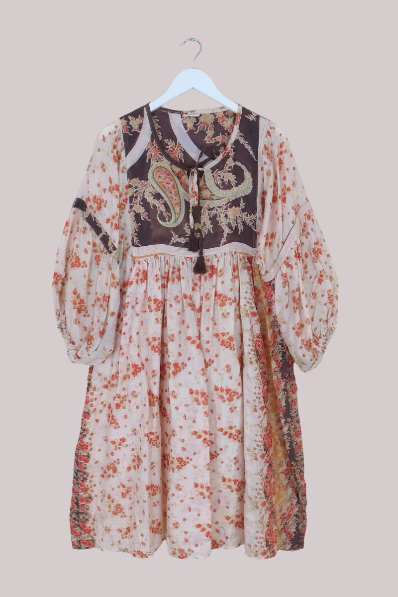 Daisy Vintage Cotton Midi Dress - Ivory & Ruby Red Floral - Size M/L