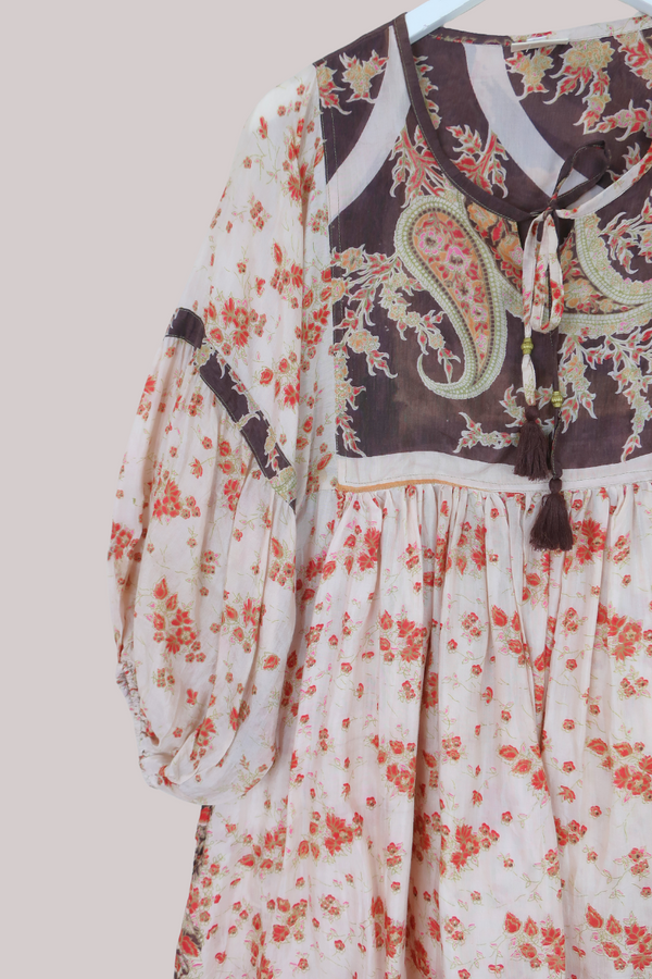 Daisy Vintage Cotton Midi Dress - Ivory & Ruby Red Floral - Size M/L