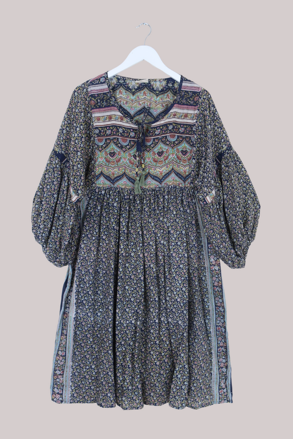 Daisy Vintage Cotton Midi Dress - Midnight Navy Climbing Floral - Size M/L