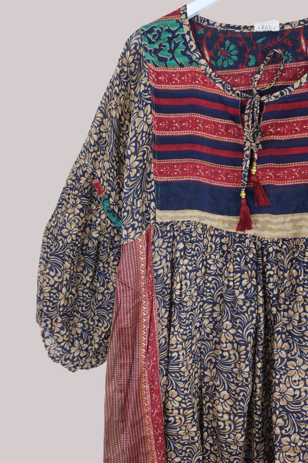 Daisy Vintage Cotton Midi Dress - Indigo & Sand Floral - Size S/M