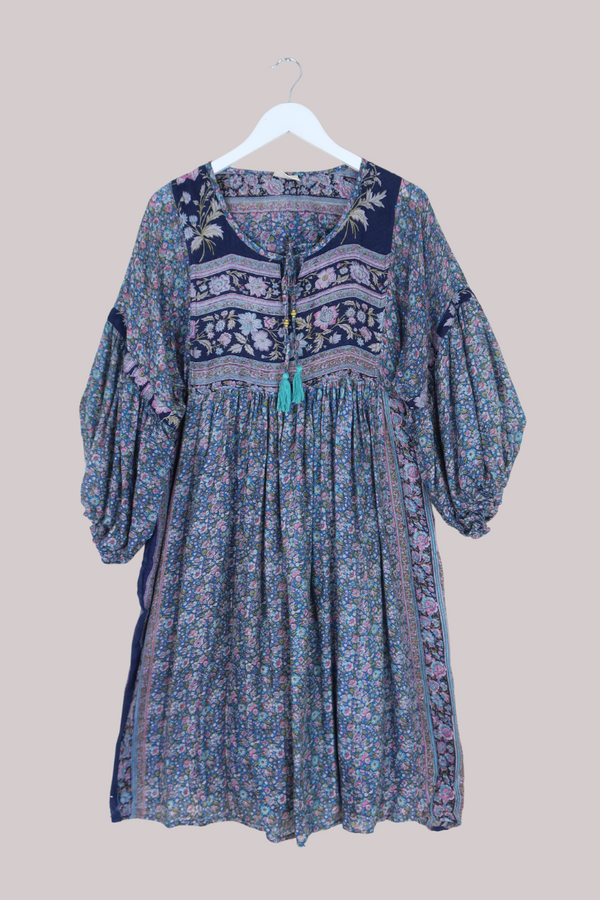Daisy Vintage Cotton Midi Dress - Twilit Blue Garden - Size M/L