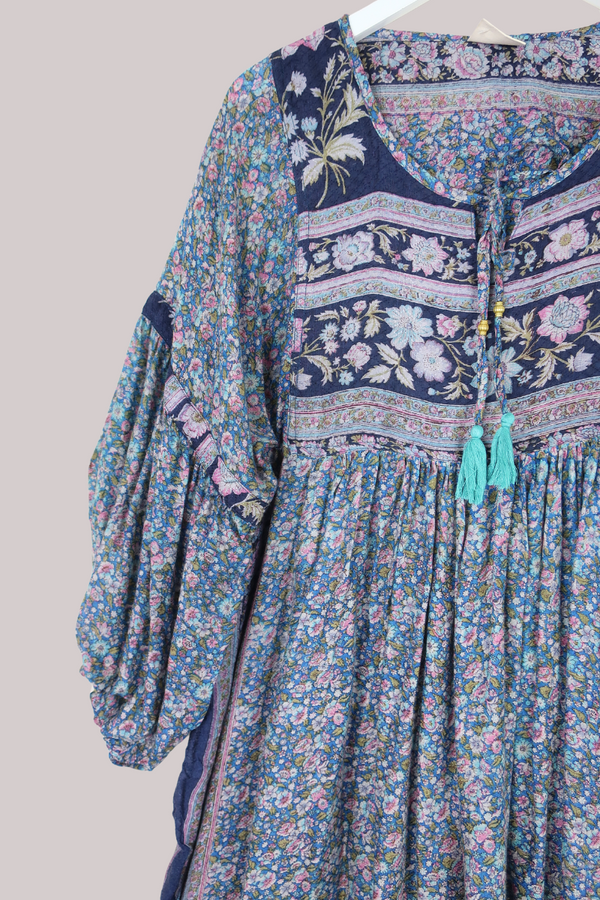 Daisy Vintage Cotton Midi Dress - Twilit Blue Garden - Size M/L