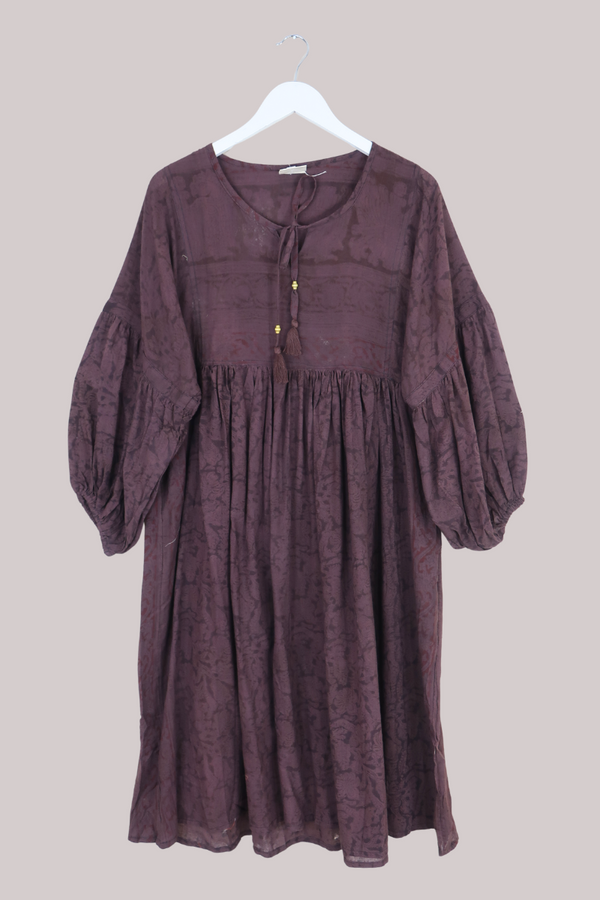 Daisy Vintage Cotton Midi Dress - Monotone Mahogany Floral Paisley - Size M/L