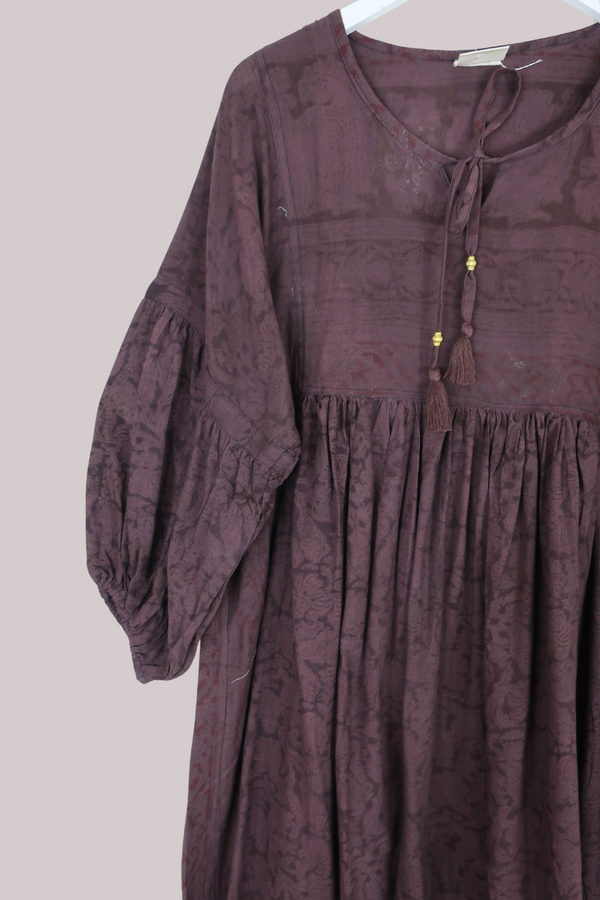 Daisy Vintage Cotton Midi Dress - Monotone Mahogany Floral Paisley - Size M/L