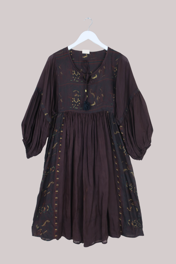 Daisy Vintage Cotton Midi Dress - Firewood Brown - Size M/L