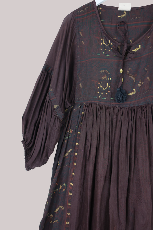 Daisy Vintage Cotton Midi Dress - Firewood Brown - Size M/L