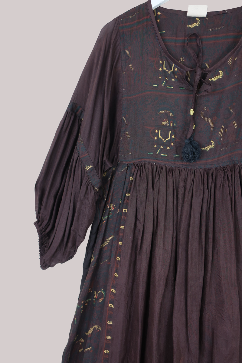 Daisy Vintage Cotton Midi Dress - Firewood Brown - Size M/L