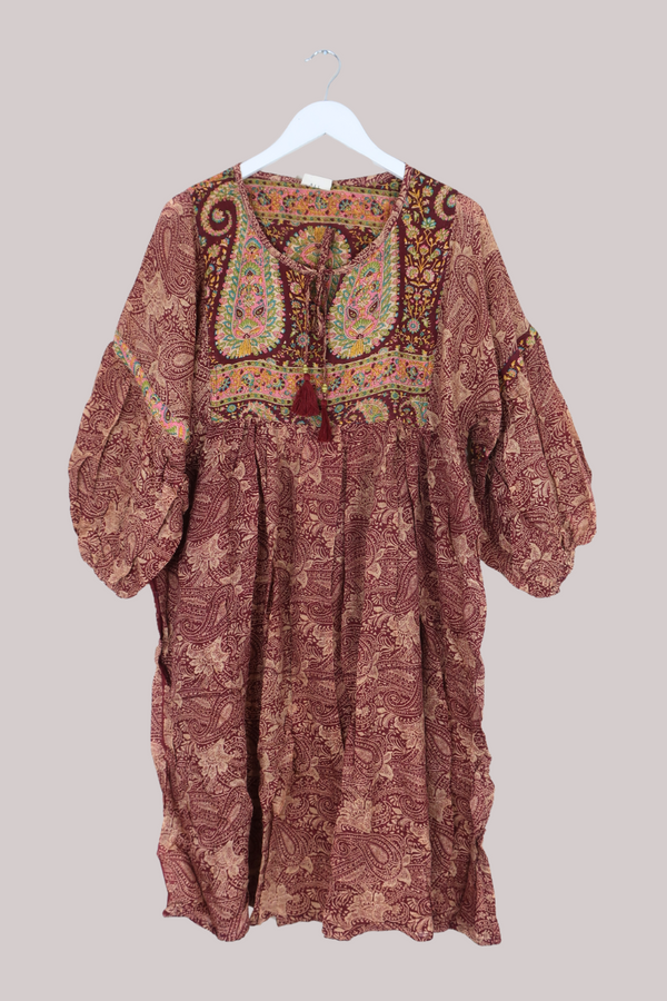 Daisy Vintage Cotton Midi Dress - Rich Burgundy Floral Fans - Size M/L