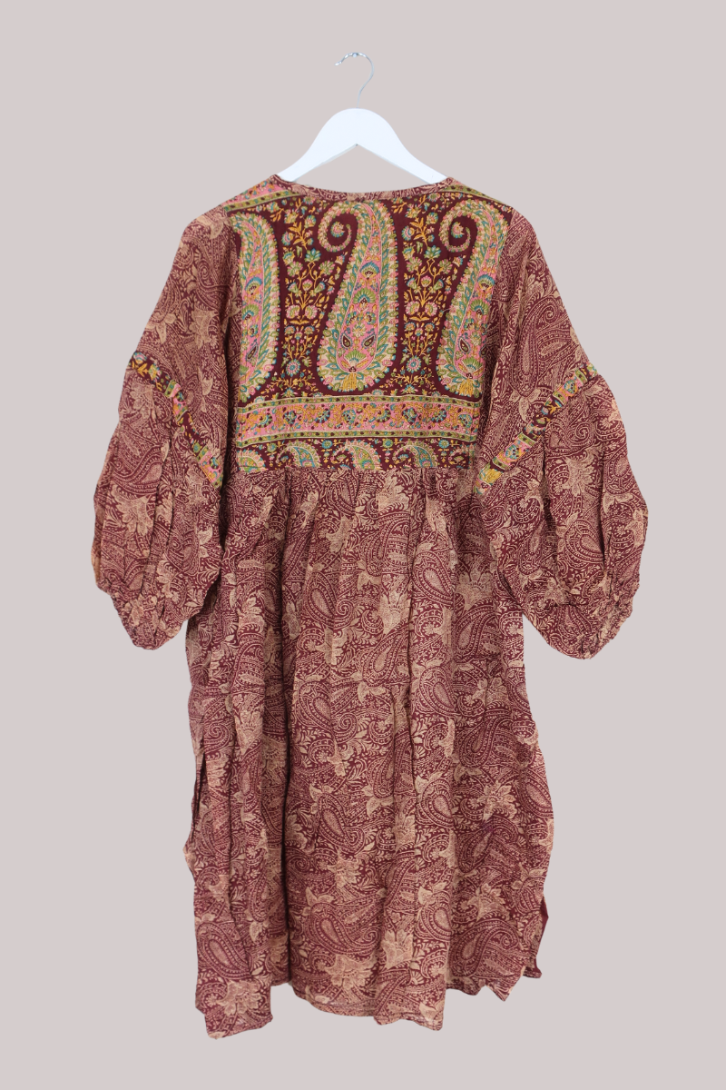 Daisy Vintage Cotton Midi Dress - Rich Burgundy Floral Fans - Size M/L