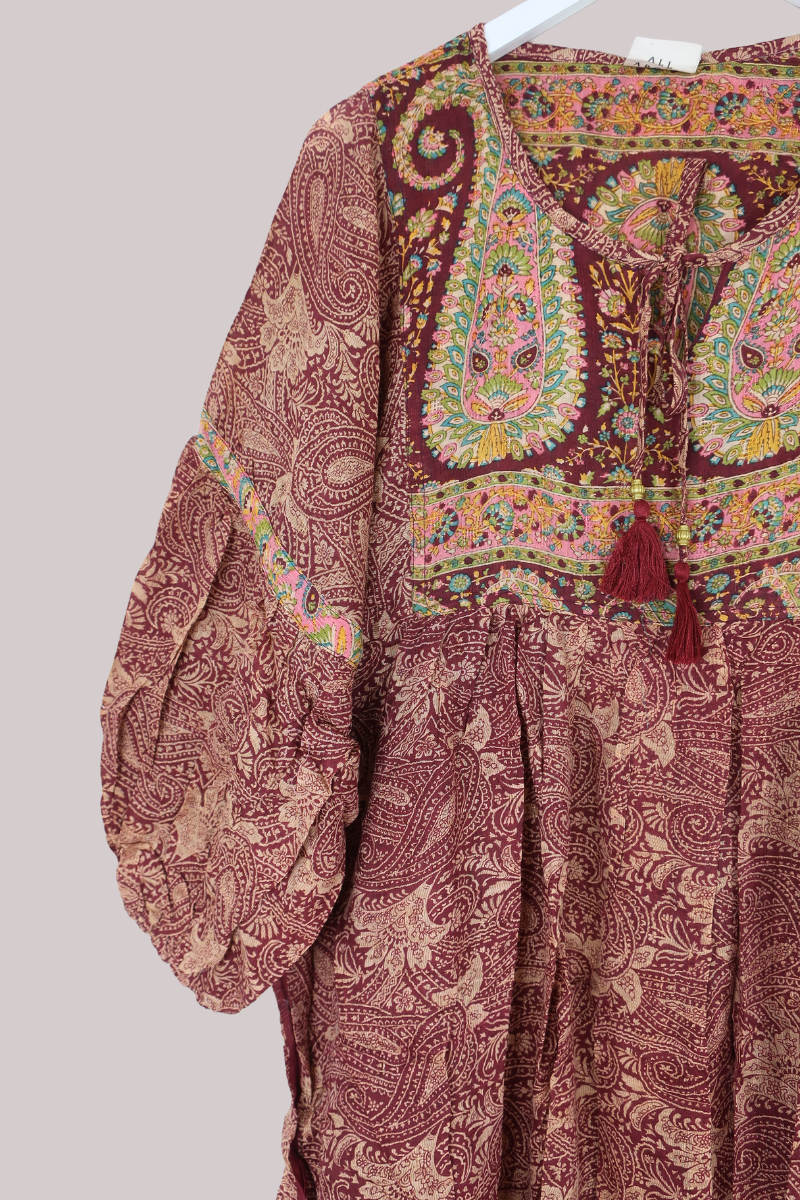 Daisy Vintage Cotton Midi Dress - Rich Burgundy Floral Fans - Size M/L