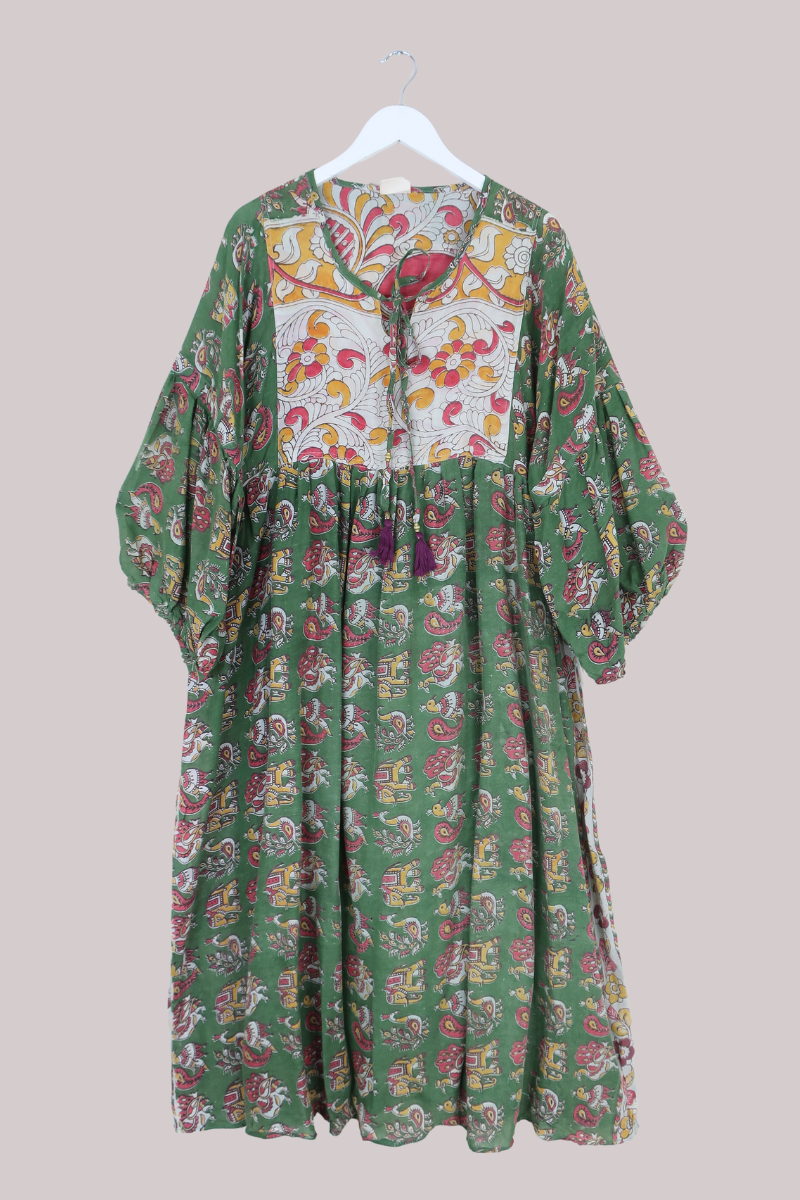 Daisy Vintage Cotton Maxi Dress - Forest Green Menagerie - Size L/XL