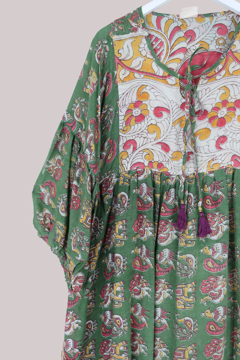 Daisy Vintage Cotton Maxi Dress - Forest Green Menagerie - Size L/XL