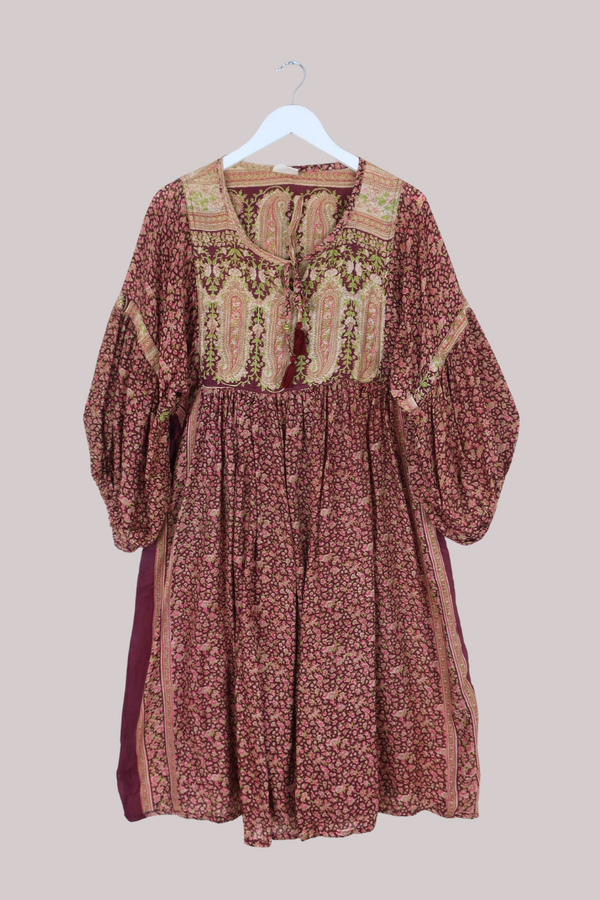 Daisy Vintage Cotton Midi Dress - Cherry Wood Red Blossom - Size M/L