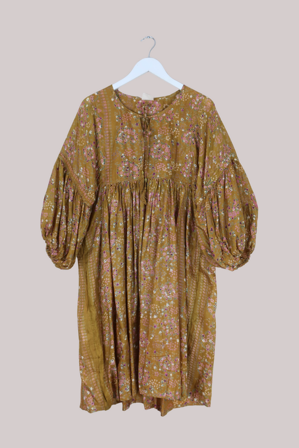 Daisy Vintage Cotton Midi Dress - Brass Flower Circles - Size M/L