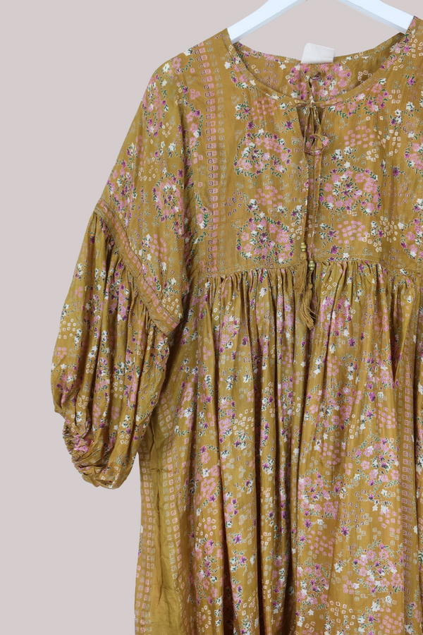 Daisy Vintage Cotton Midi Dress - Brass Flower Circles - Size M/L