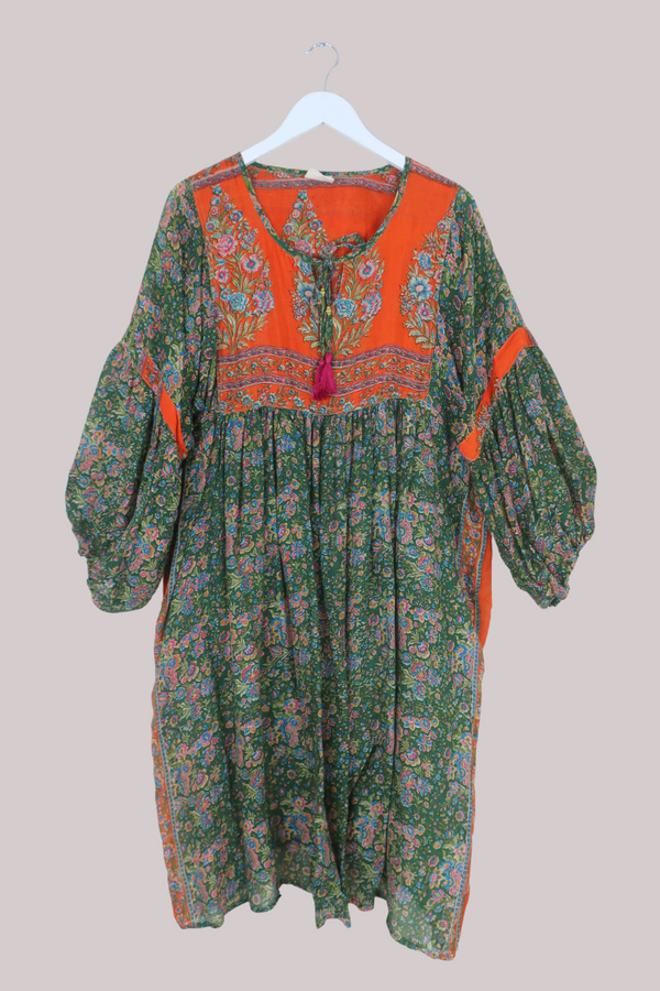 Daisy Vintage Cotton Midi Dress - Autumn Fields Green & Orange - Size XXL